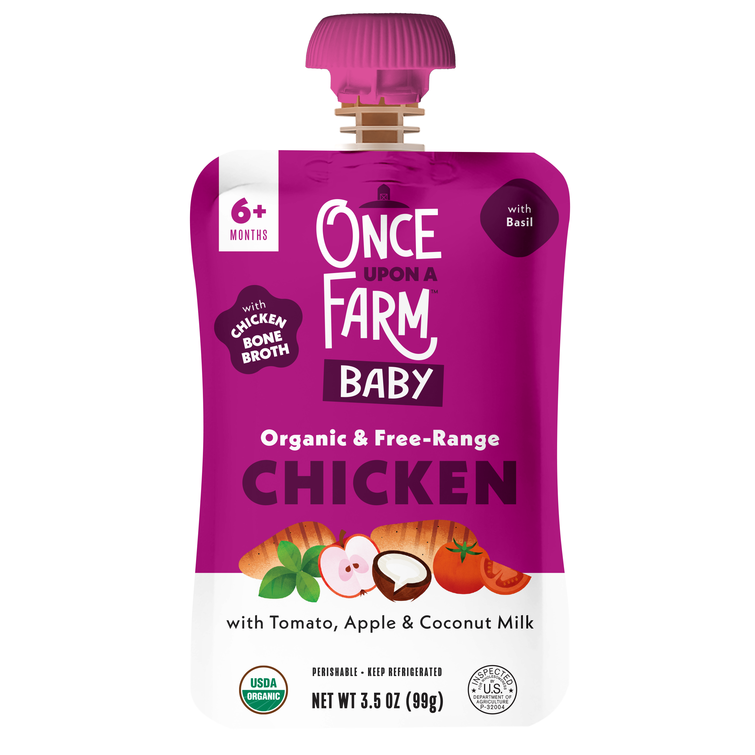 Once Upon A Farm Tomato, Apple, Chicken Bone Broth & Coconut Milk front of pouch