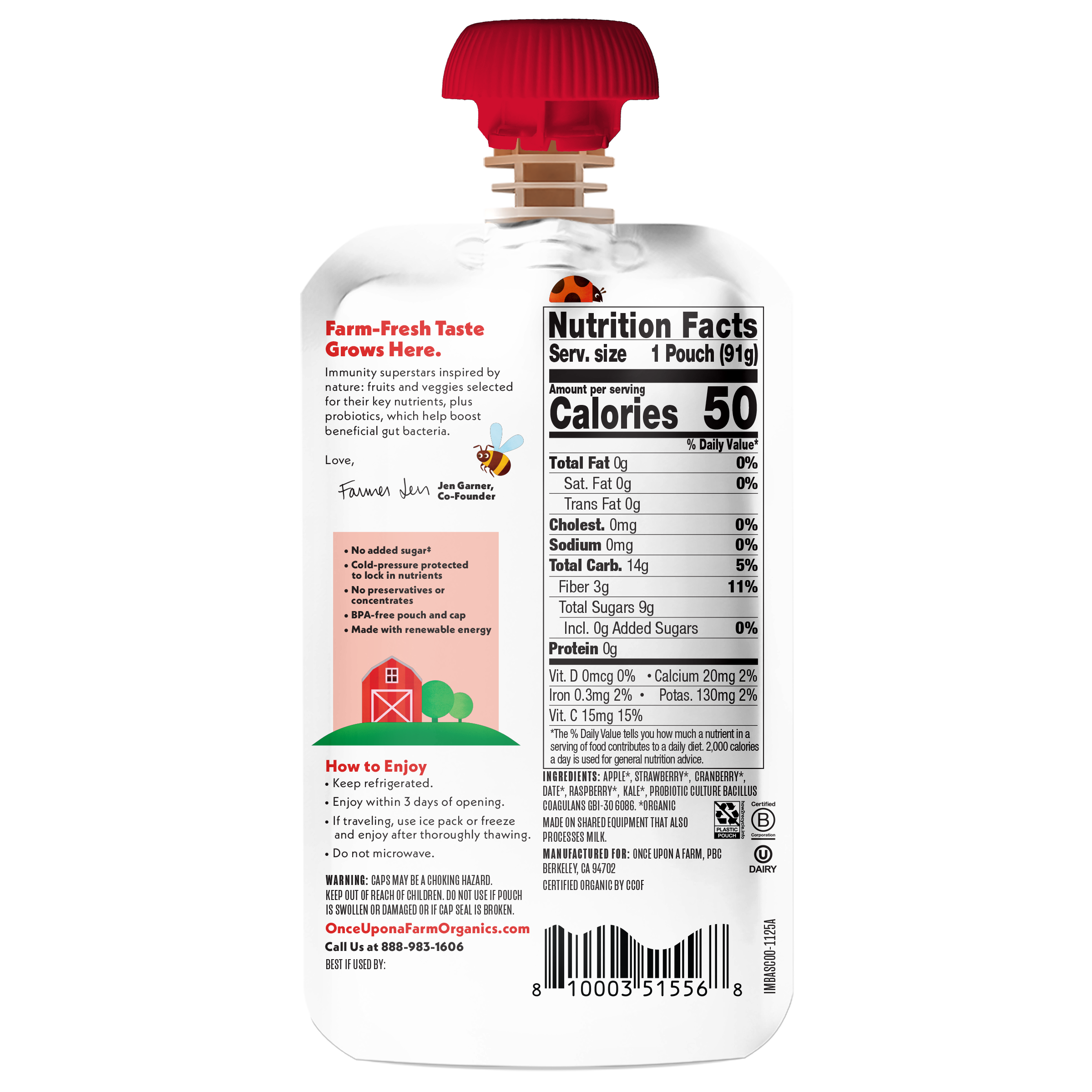 Back of a Cranberry Immunity Blend pouch with nutrition facts label and branding on a white background