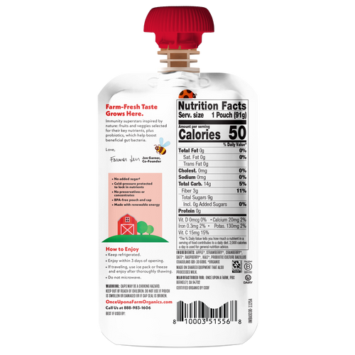 Back of a Cranberry Immunity Blend pouch with nutrition facts label and branding on a white background