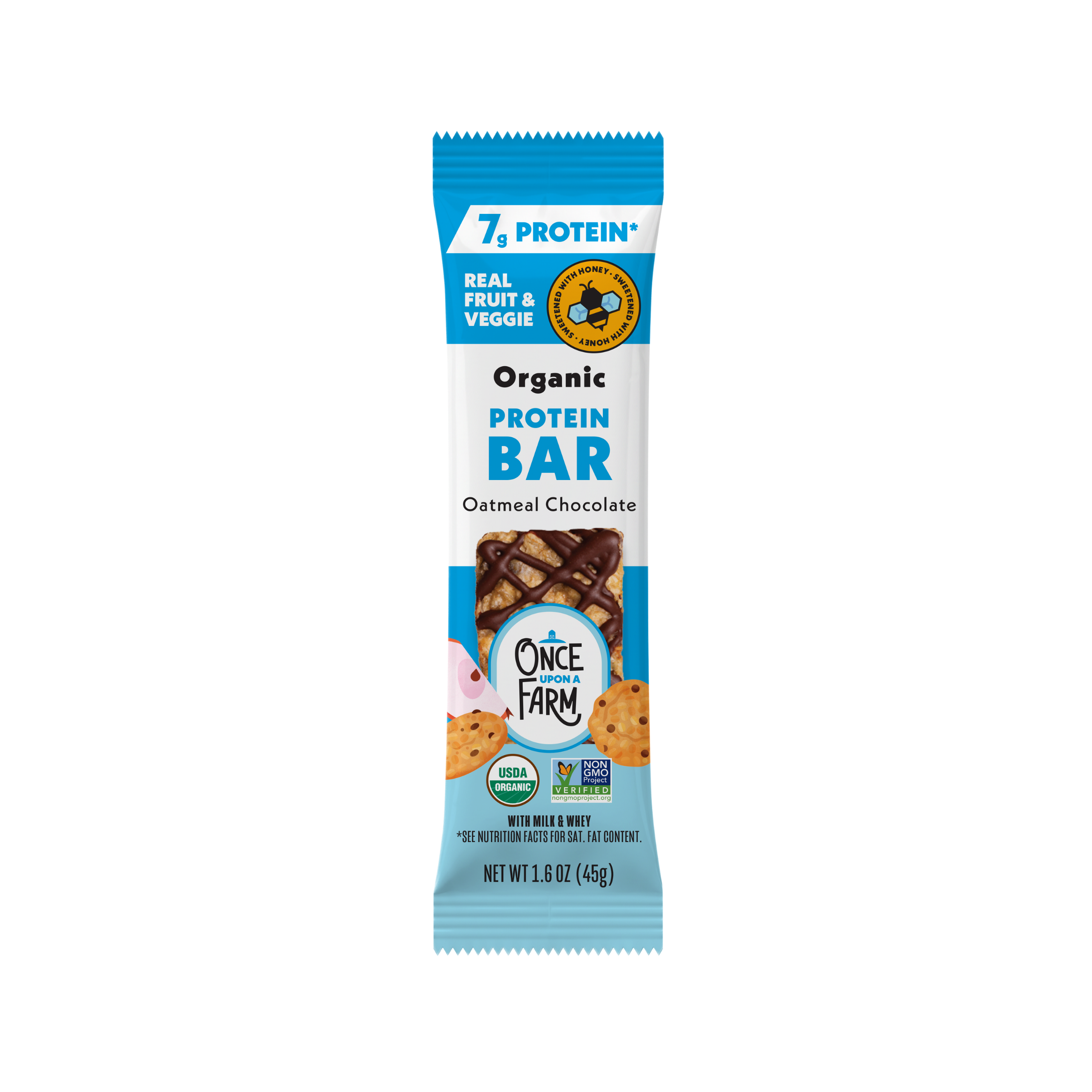 New Oatmeal Chocolate Refrigerated Protein bar packaging with branding on a white background