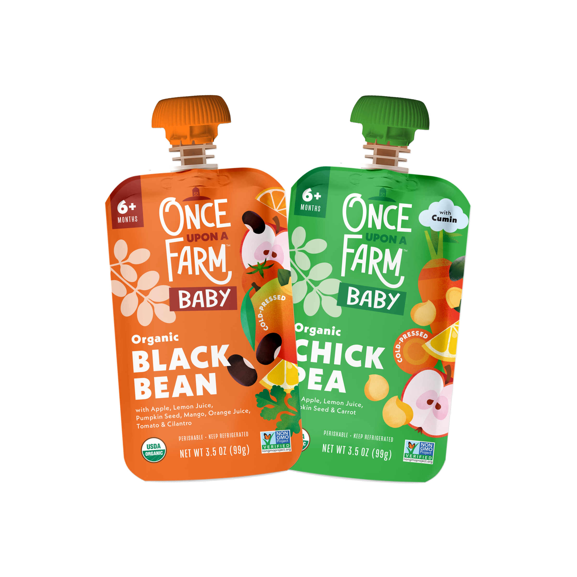 Two Baby Plant Protein Variety Pack pouches from Once Upon Farm Baby on a white background. The left pouch is orange and labeled Organic Black Bean, and the right pouch is green and labeled Organic Chick Pea.