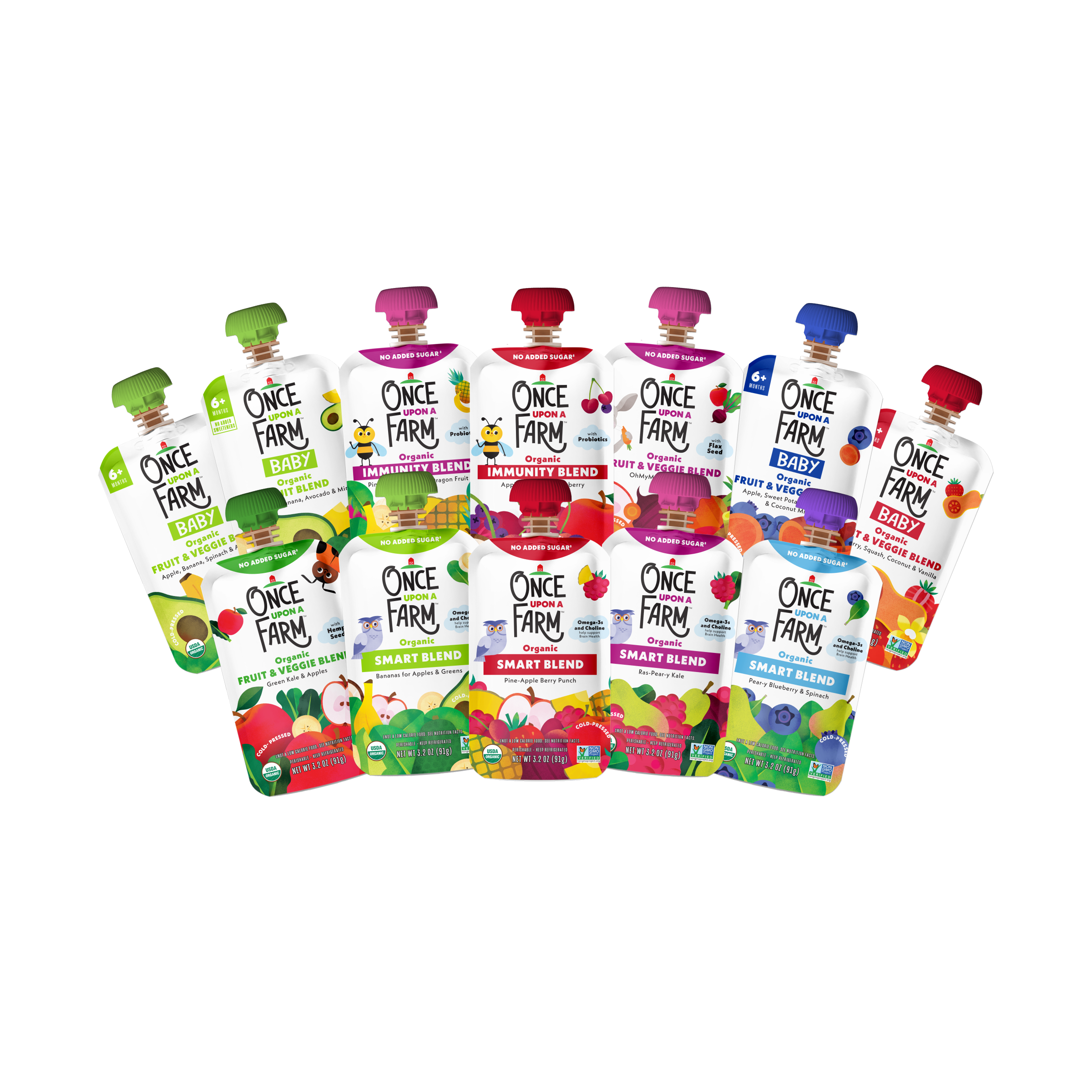 A group of Once Farm Family Favorites Starter Box pouches arranged together on a plain white background. The products include various fruit and vegetable blends with colorful labels and green, red, blue, and purple caps.