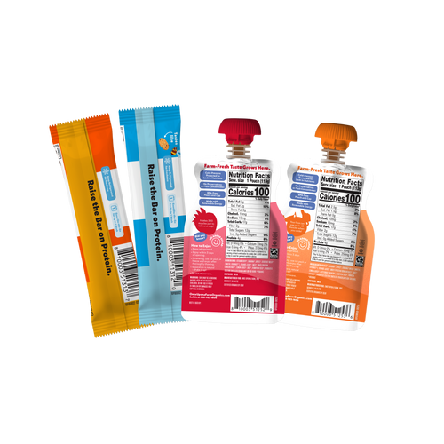 Two protein snack pouches and two wrapped protein bars displayed against a plain white background. 