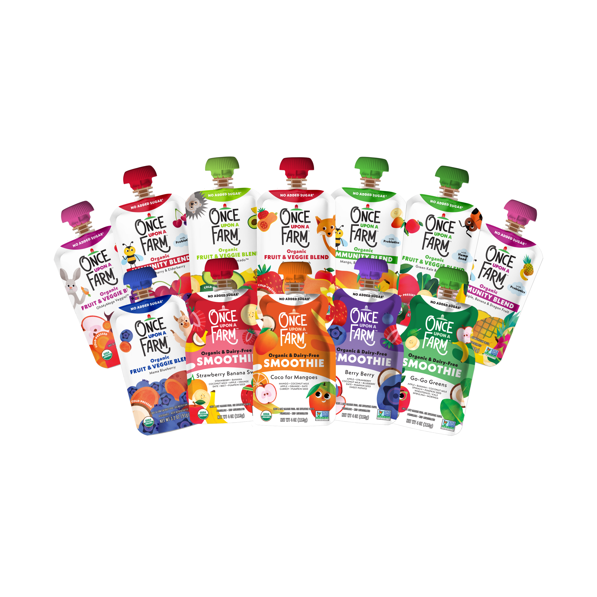 A group of Once Farm Kid Starter Box food pouches arranged together on a plain white background. The products include smoothies, fruit smoothie blends, and fruit & vegetable blends in multiple colors.