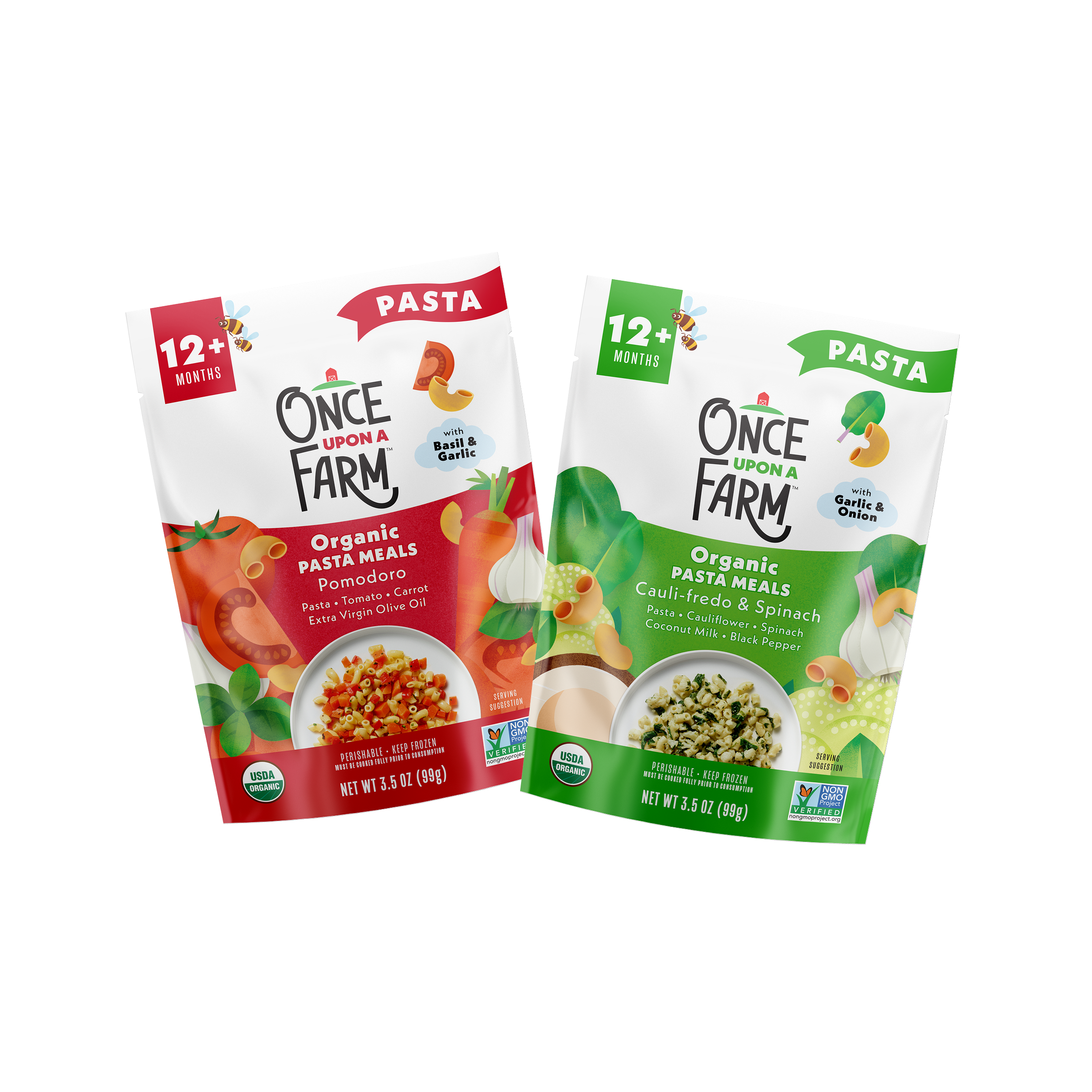 front packaging on Pasta Meals Variety Pack showing Pomodoro and Cauli-Fredo & Spinach pasta meals. 