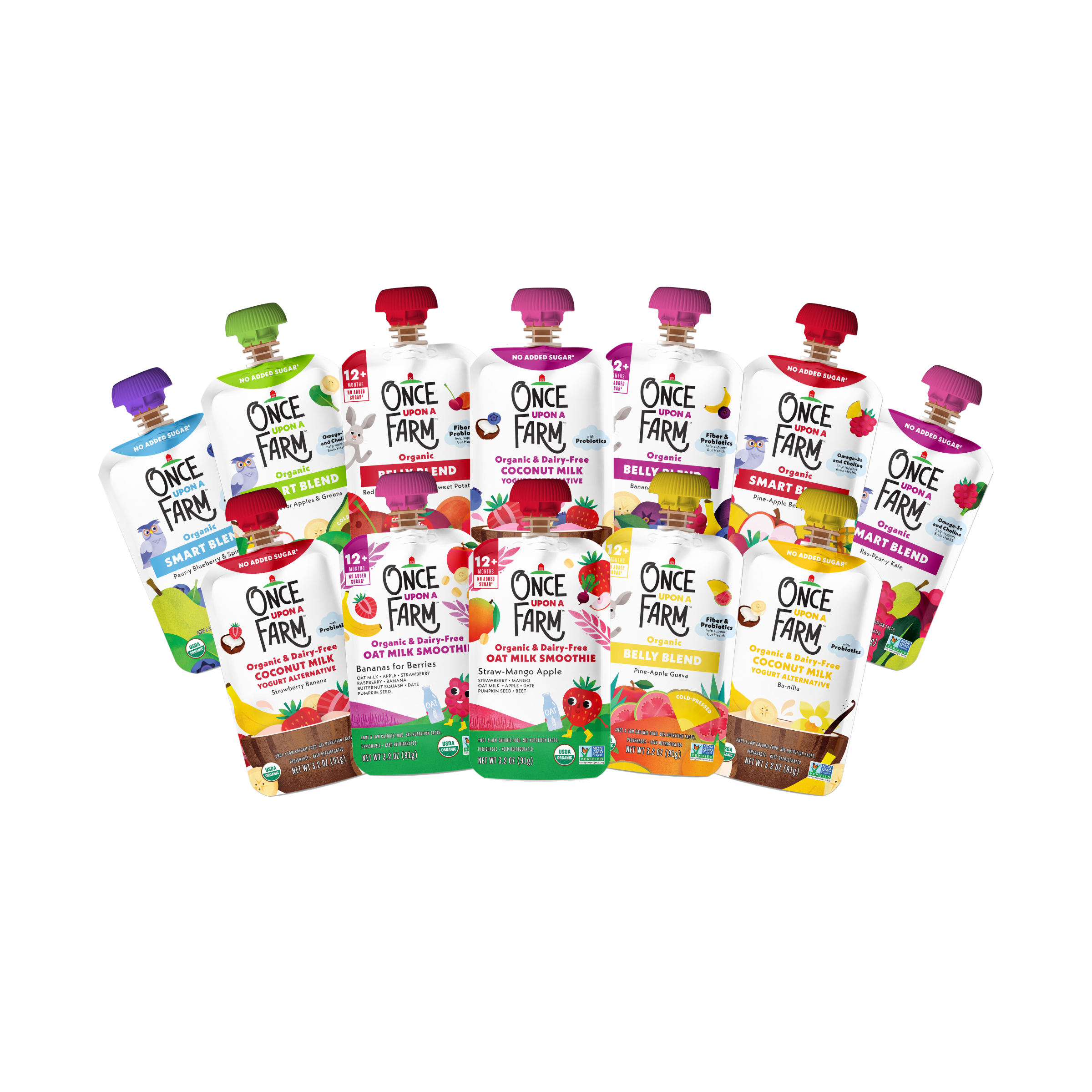 A group of Once Farm Toddler Starter Box food pouches arranged together on a plain white background. The set includes various flavors such as Berry Spinach, Peach Mango, Blue Raspberry, and Pear, each in its own colorful packaging with illustrations of fruits and vegetables.