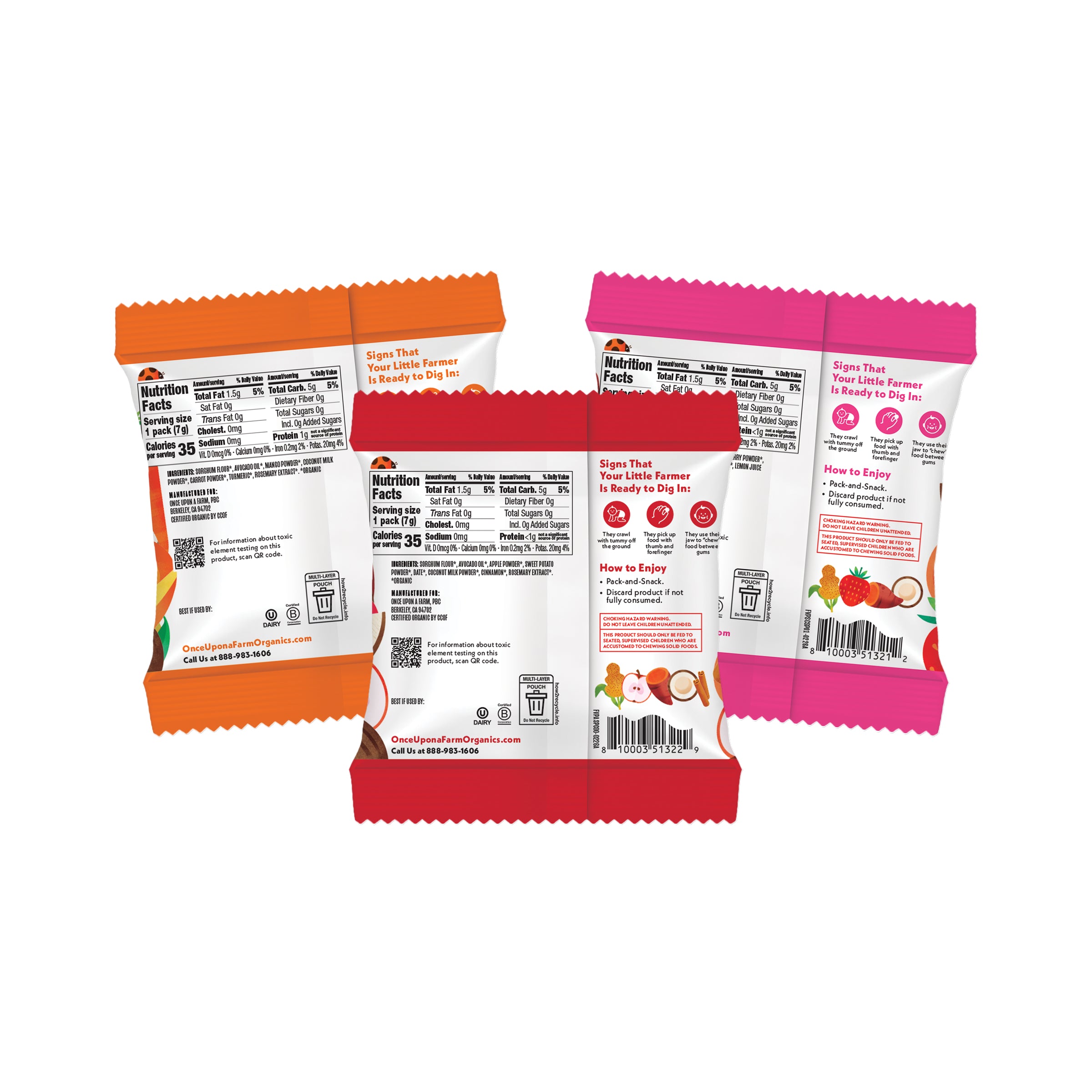 Three packaged snack bags shown from the back on a plain white background, each in a different color: orange, red, and pink. The packaging displays nutrition facts, ingredients, and how-to graphics.
