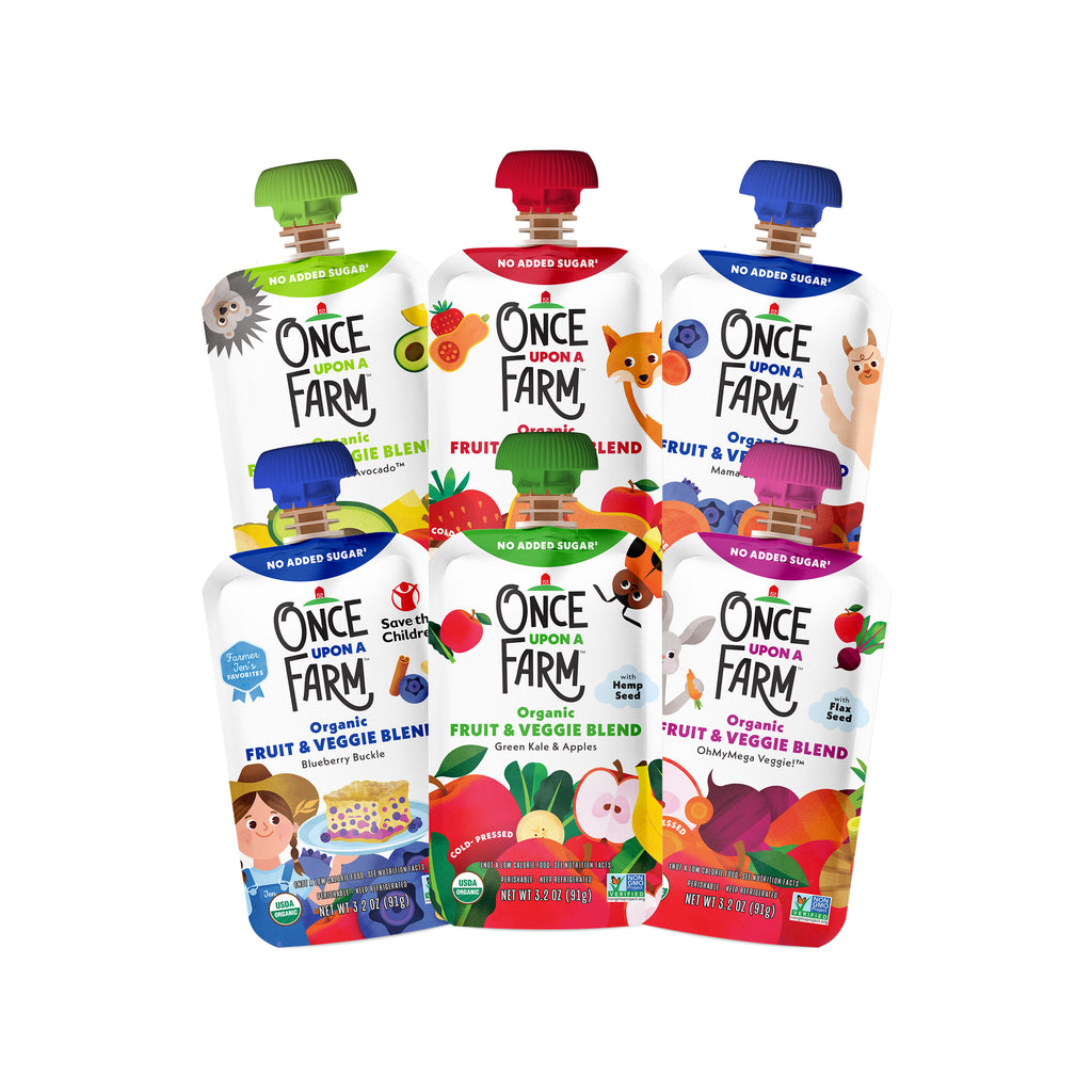 Six pouches of Once Upon a Farm Organic Fruit & Veggie Blend kid food arranged in two rows on a plain white background. 