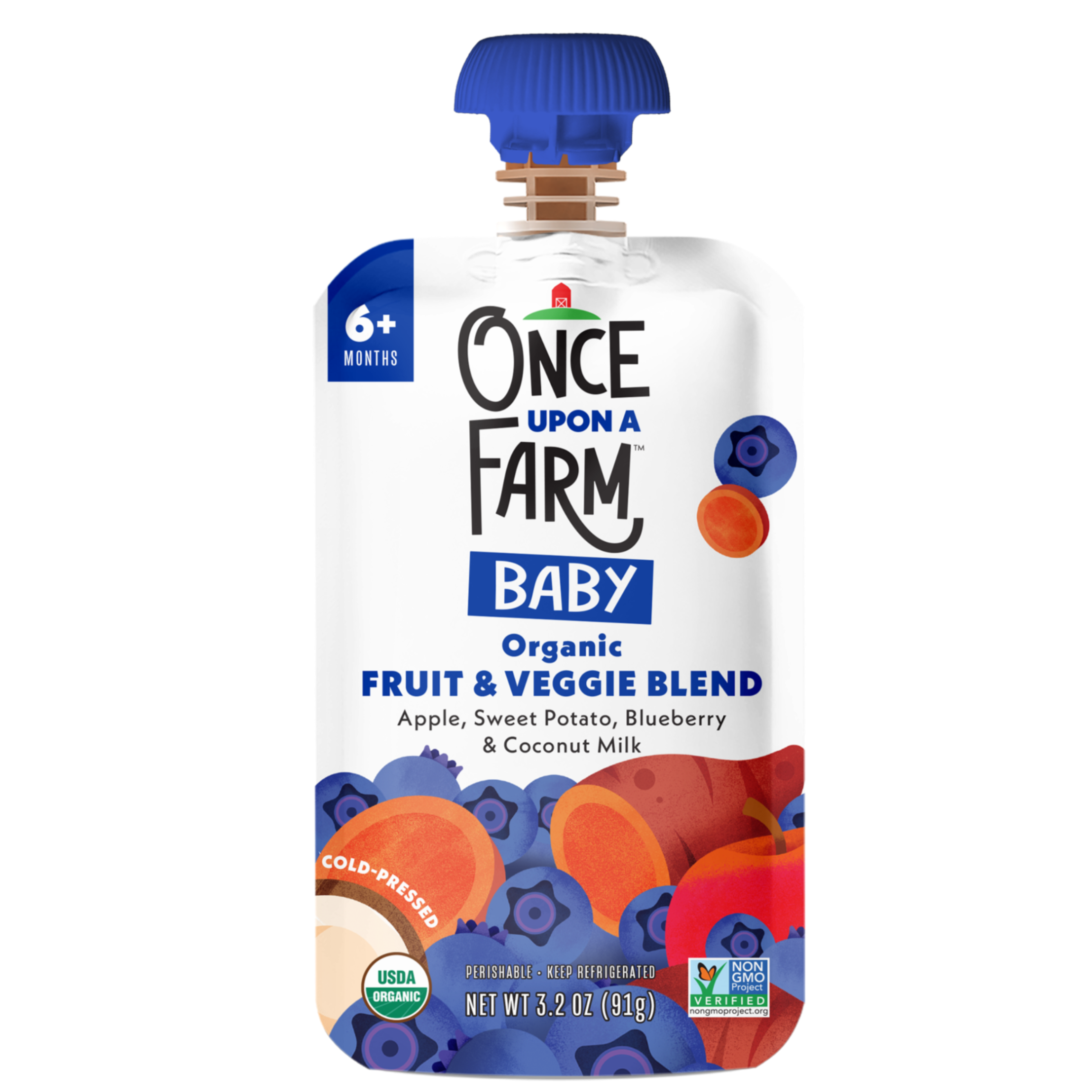 Apple, Sweet Potato, Blueberry & Coconut Milk on Front of Packaging