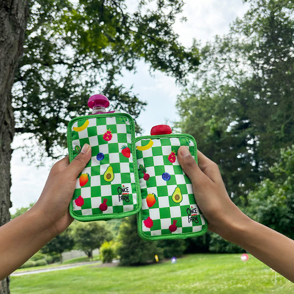 Two green checkered pouch coolers with fruit designs held up outdoors.