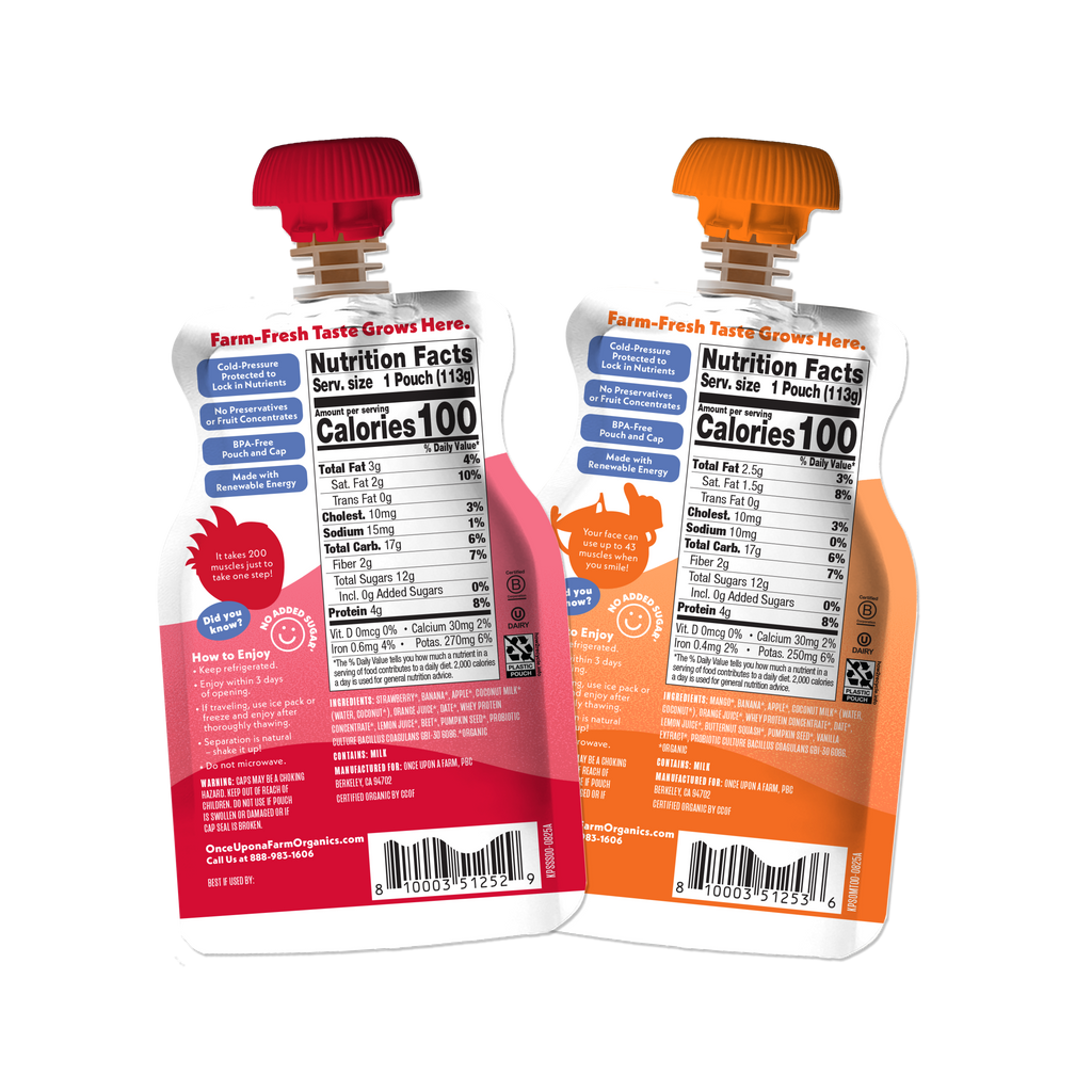 Two Kid Protein Smoothies back of packaging. Once Upon a Farm organic smoothie on a white background.