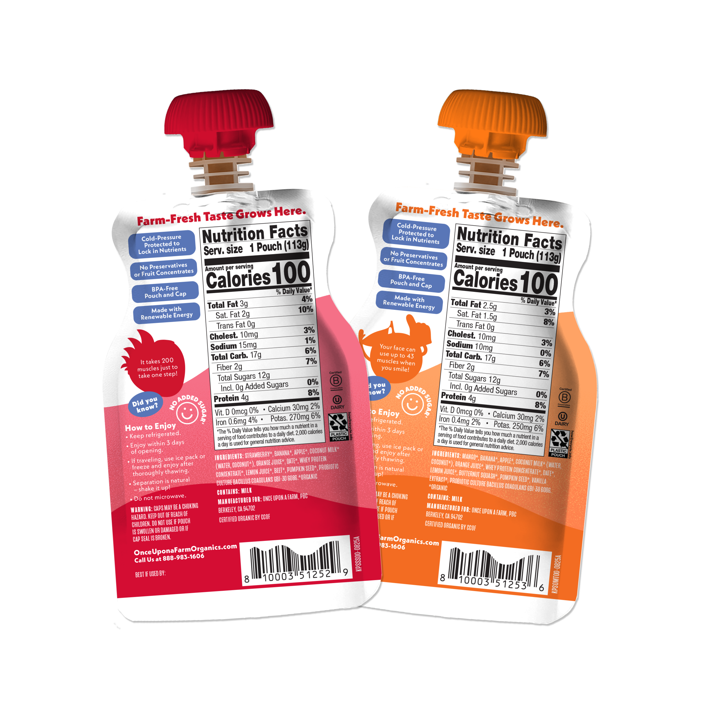 Two Kid Protein Smoothies back of packaging. Once Upon a Farm organic smoothie on a white background.
