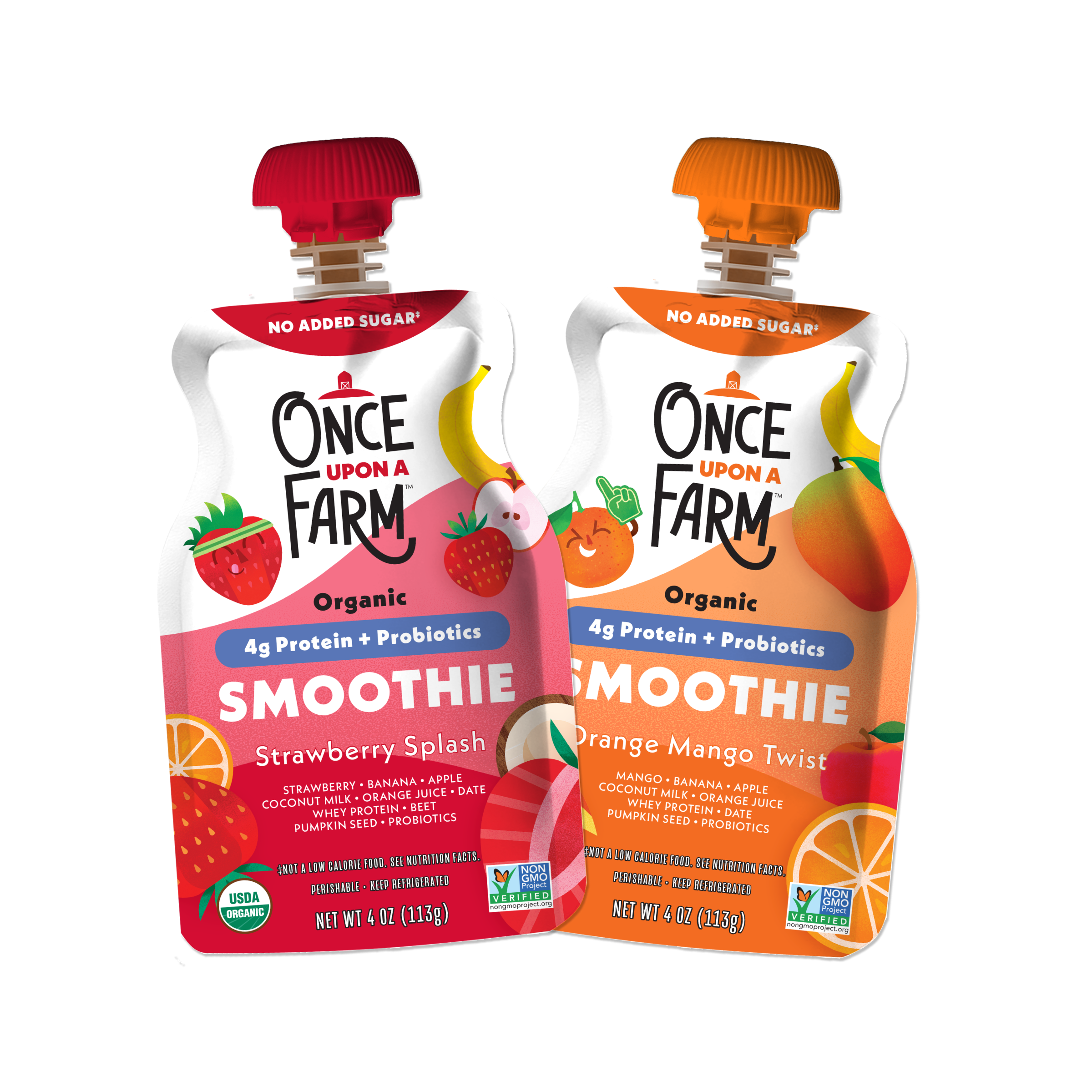 Two Kid Protein Smoothies front of packaging. Once Upon a Farm organic smoothie on a white background.