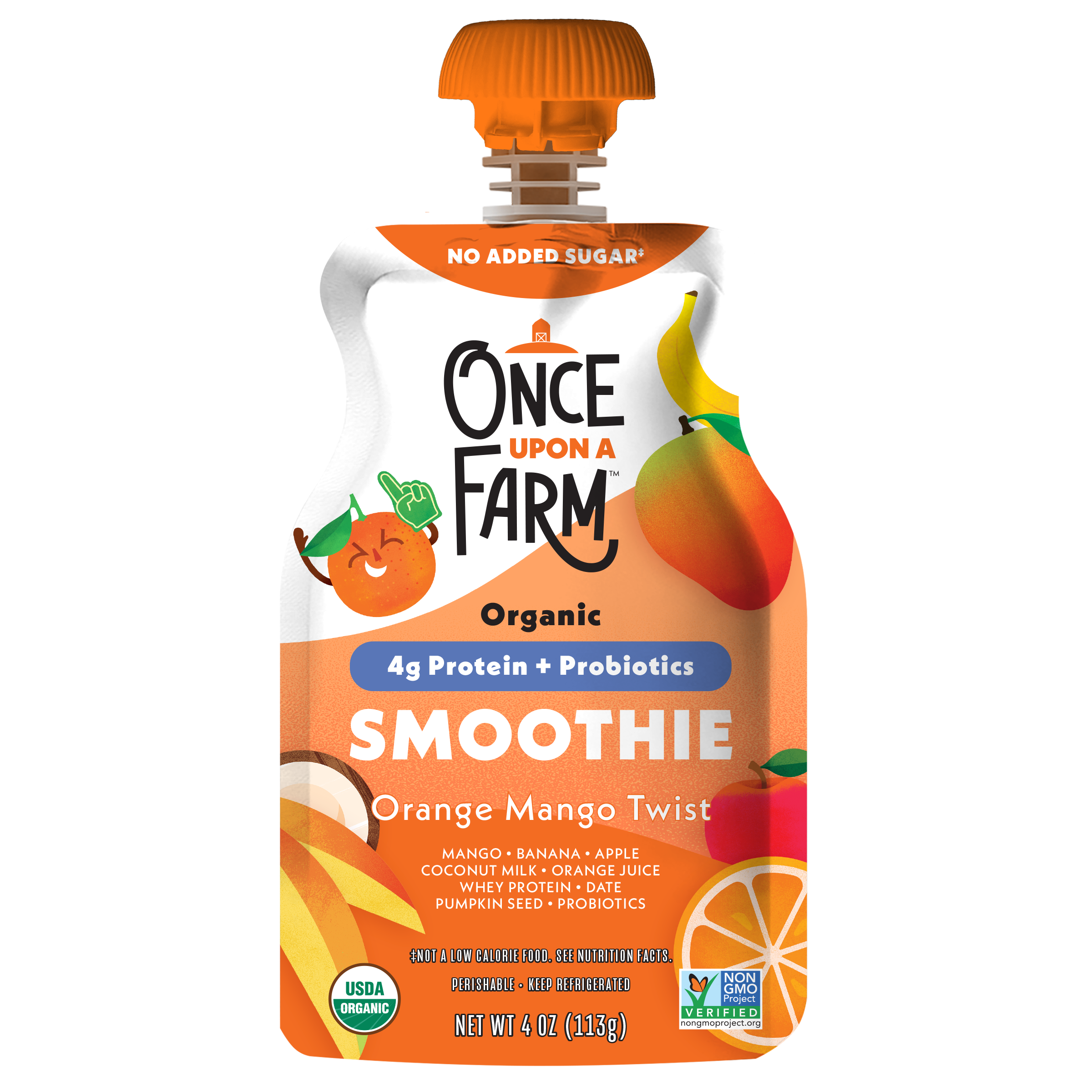 Once Upon a Farm Orange Mango Twist Organic Smoothie with Protein and Probiotics Pouch, 4oz. Front of Pouch. 