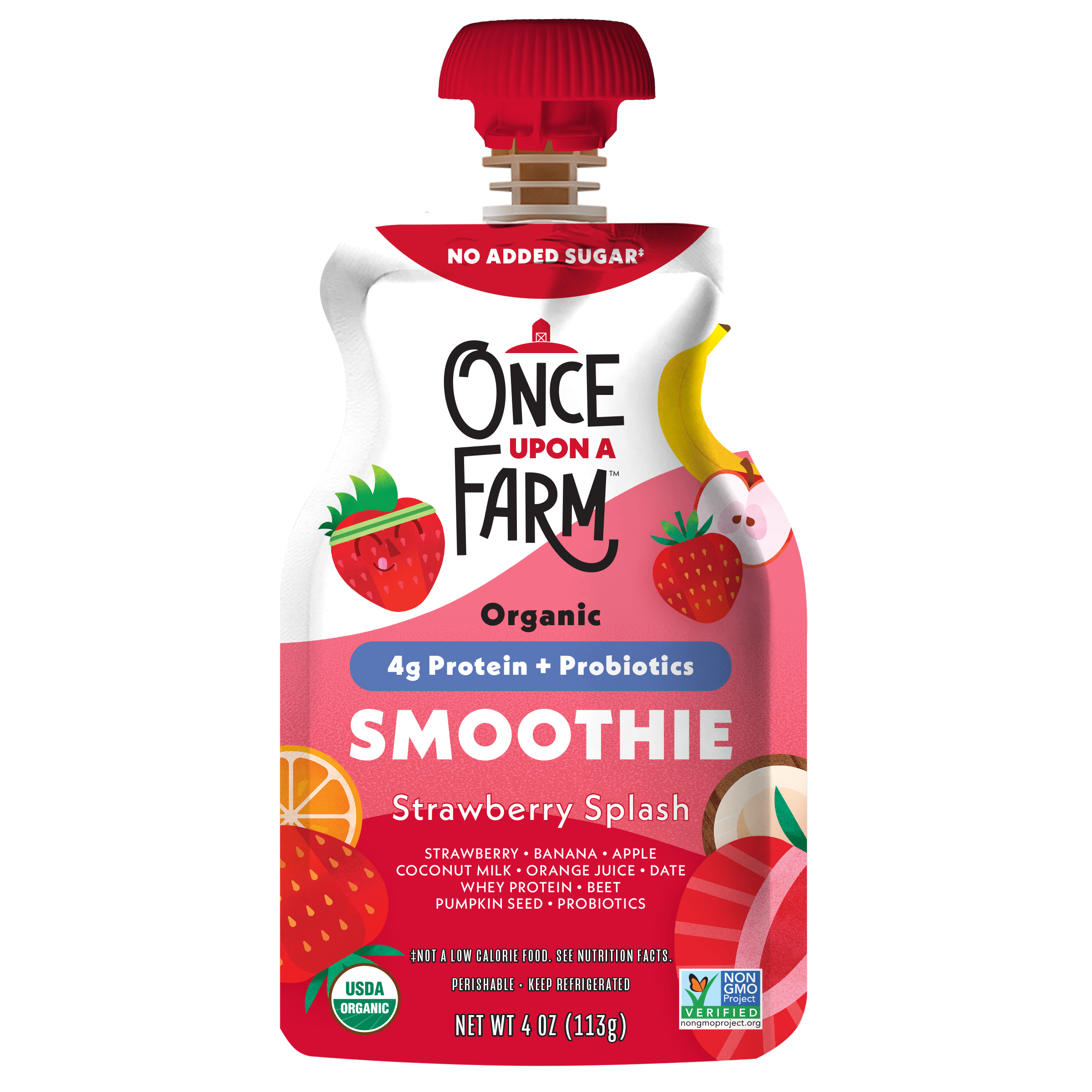 Once Upon a Farm Strawberry Splash Organic Smoothie with Protein and Probiotics Pouch, 4oz. Front of Pouch. 