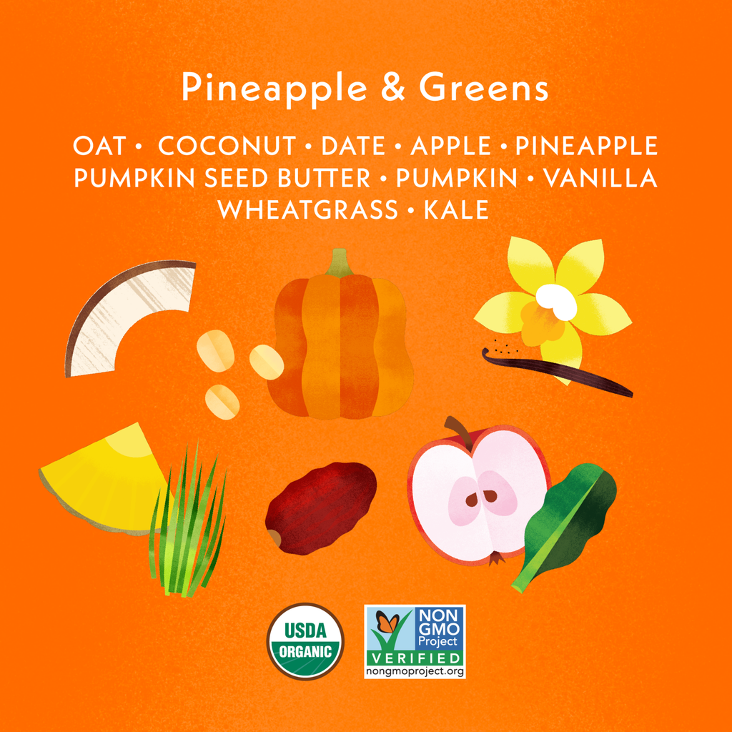 Illustrations of fruits, vegetables, and health-related items on an orange background with text and certification logos.