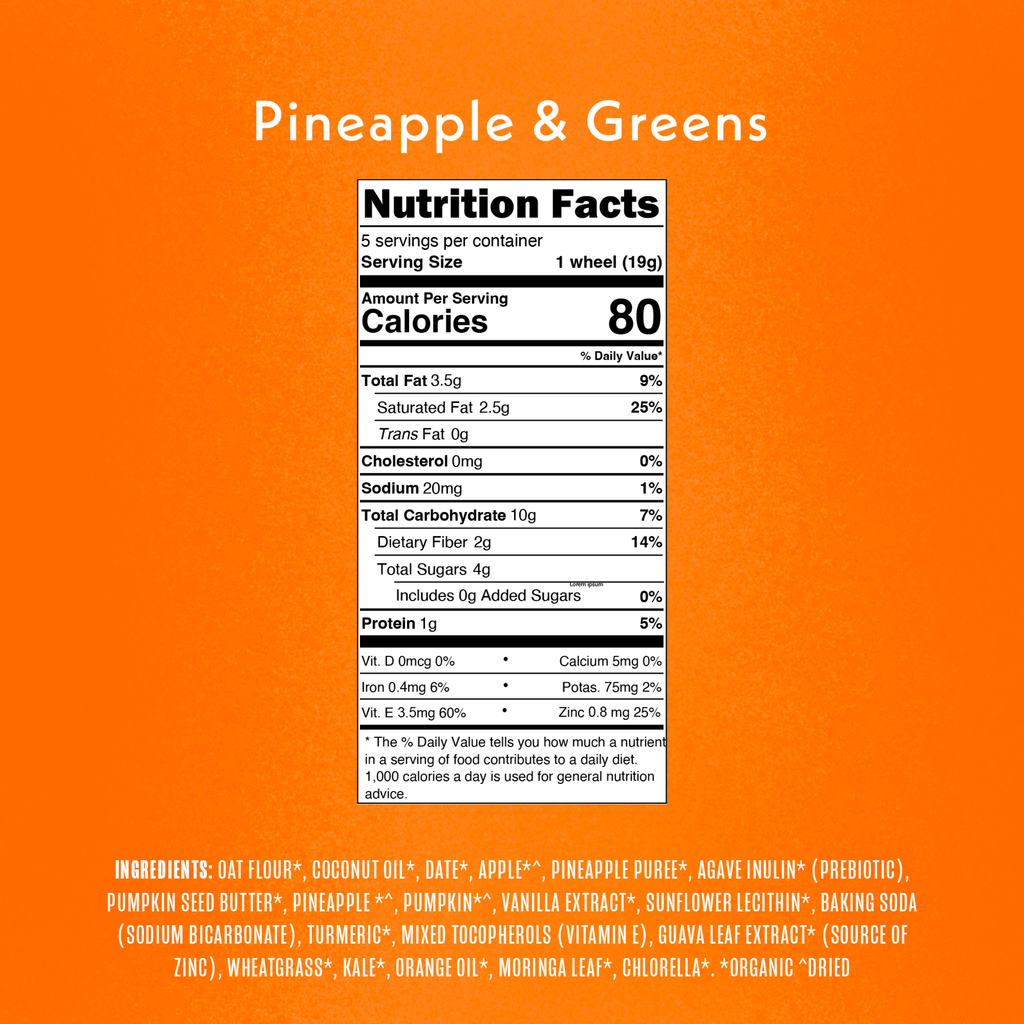 Nutrition facts label for a product labeled 'Pineapple & Greens' on an orange background.