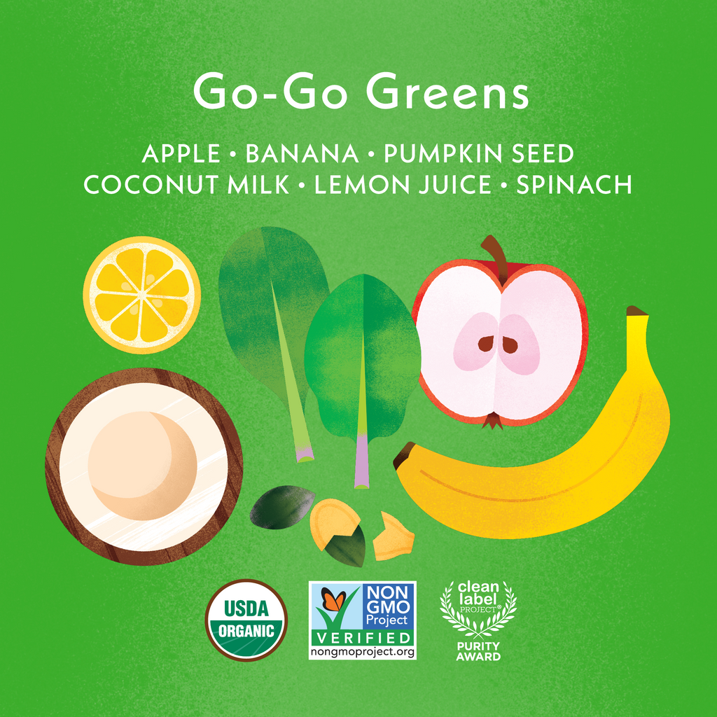 Go-Go Greens: Apple, Banana, Pumpkin Seed, Coconut Milk, Lemon Juice, Spinach. USDA Organic, Non GMO Project Verified, Clean Label Project Purity Award logos 