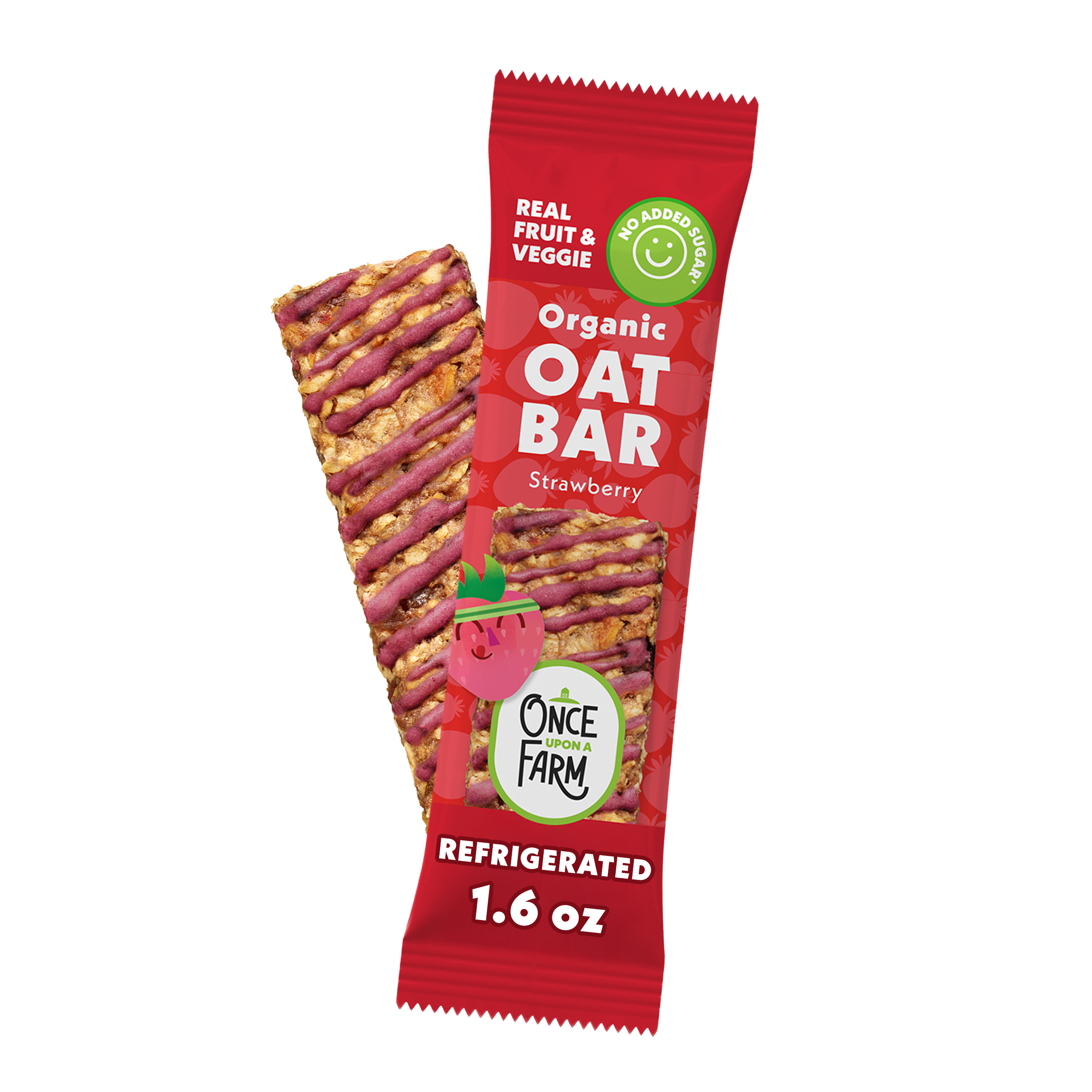 Strawberry Refrigerated Oat Bar front of new packaging showing bar on a white background