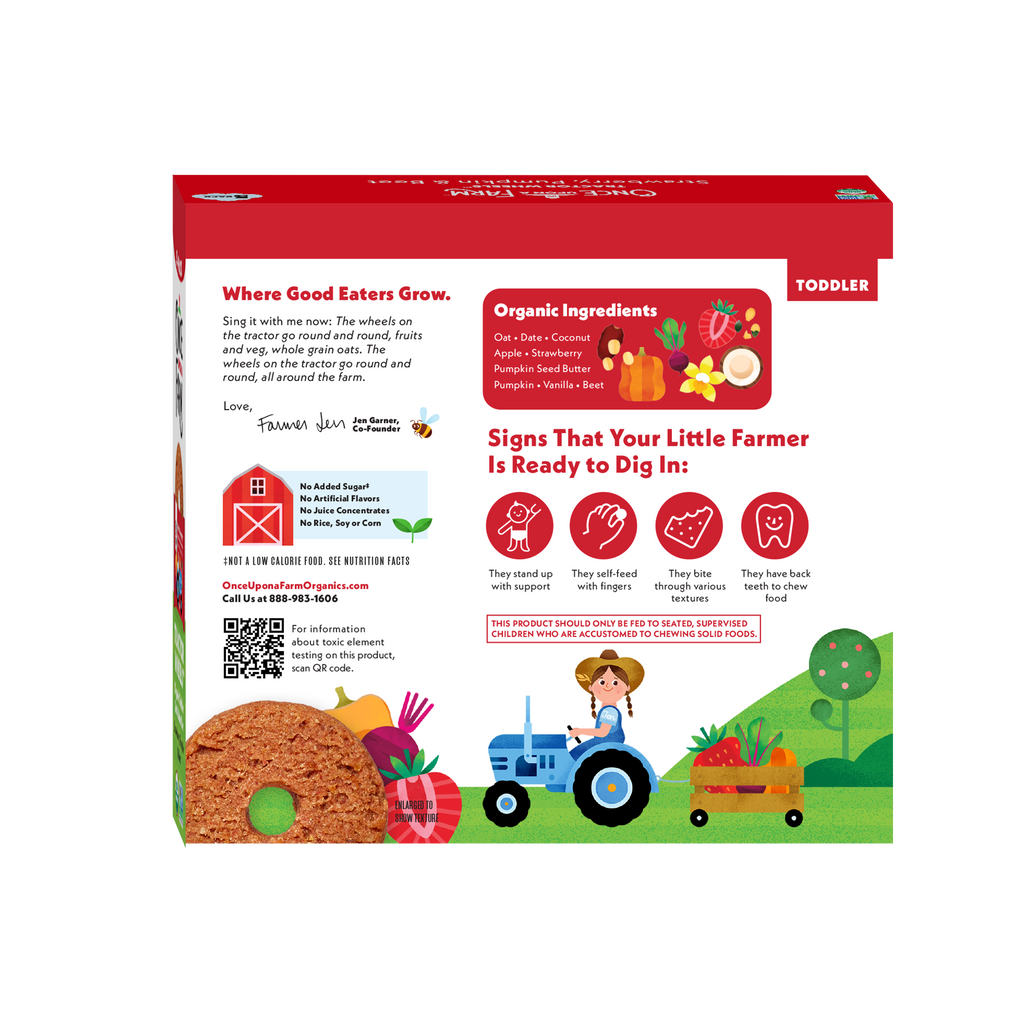 Product packaging with a red border, featuring illustrations and text about organic ingredients and a child on a tractor.