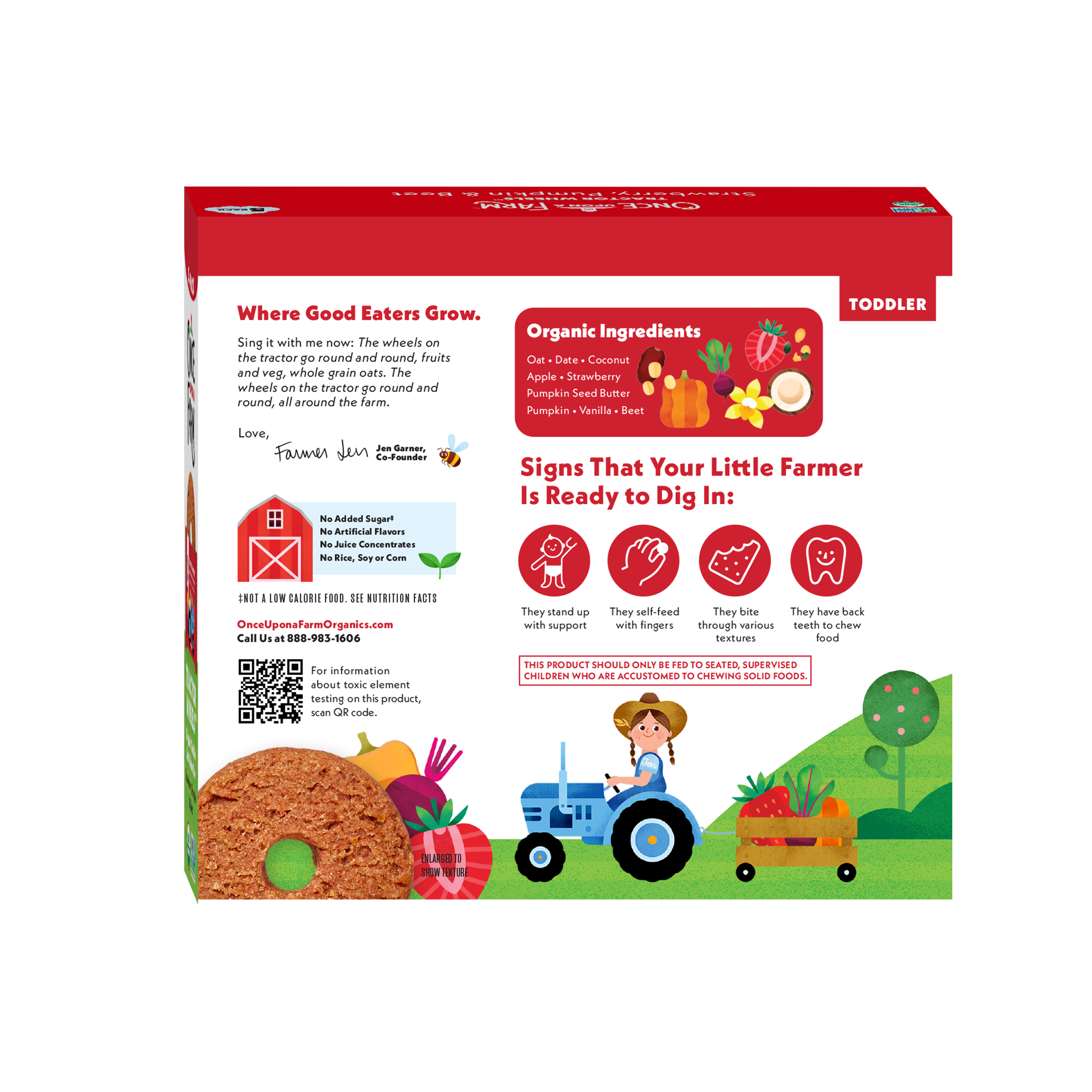 Product packaging with a red border, featuring illustrations and text about organic ingredients and a child on a tractor.