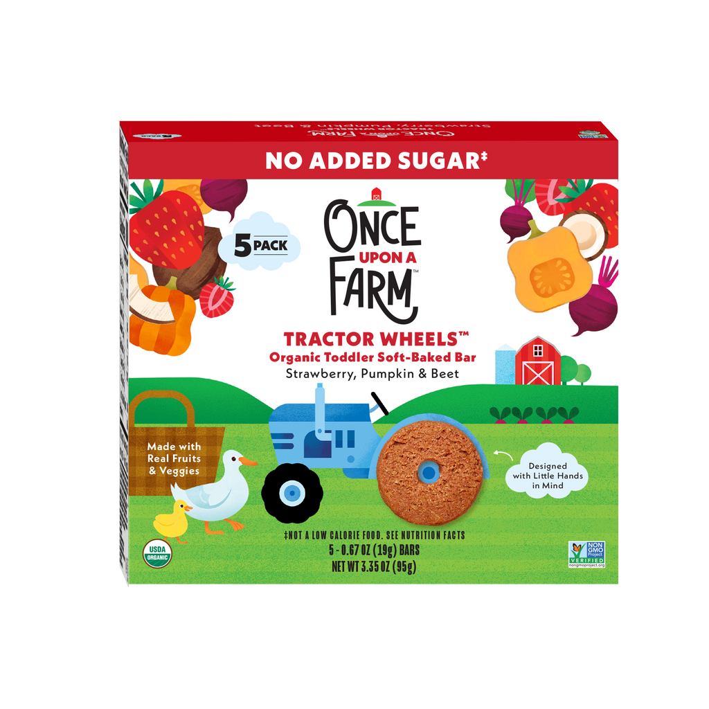 Box of Once Upon a Farm Tractor Wheels organic toddler soft-baked bars with colorful design on a white background