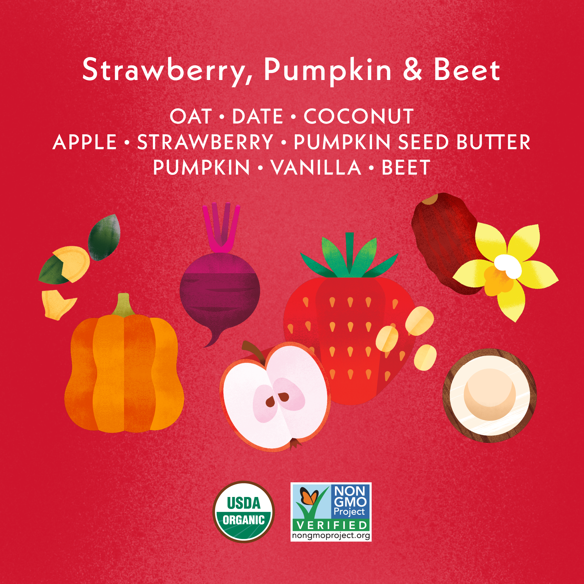Strawberry Tractor Wheels Ingredient Feature: Oat, Date, Coconut, Apple, Strawberry, Pumpkin Seed, Butter, Pumpkin, Vanilla, Beet