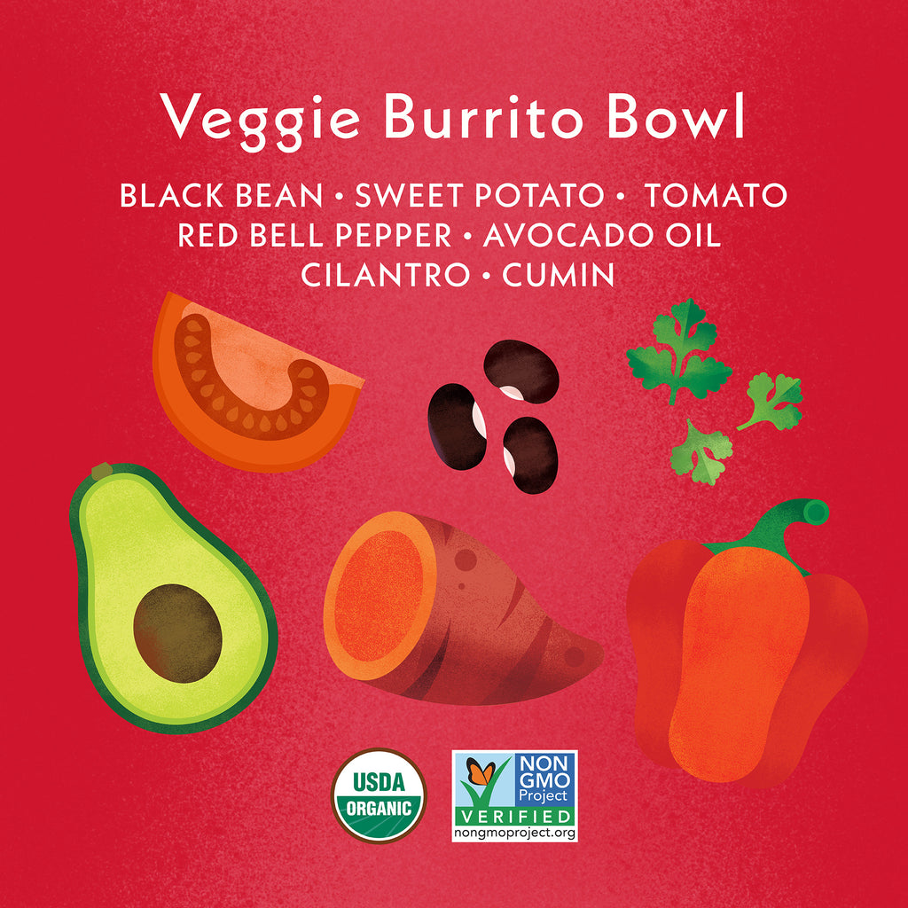 Veggie Burrito Bowl Featured Ingredients: Black Bean, Sweet Potato, Tomato, Red Bell Pepper, Avocado Oil, Cilantro, Cumin